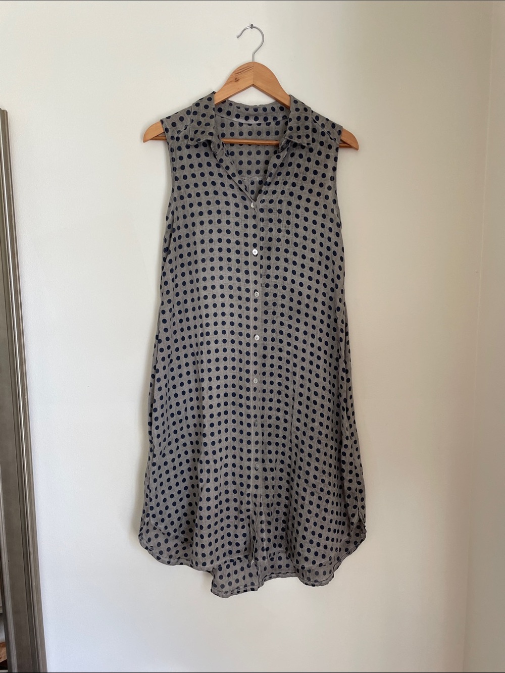 Linen Sleeveless Polka Dot Shirt Dress in Gray and Navy